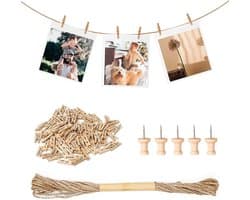 156 Stuks Wasknijpers - 2.5cm Houten Klemmen - Natuur Clips - Met 10m Jute Touw en 5 Spijkers Voor Het Ophangen Van Foto's - Ansichtkaarten - Huisdecoratie Bruiloften
