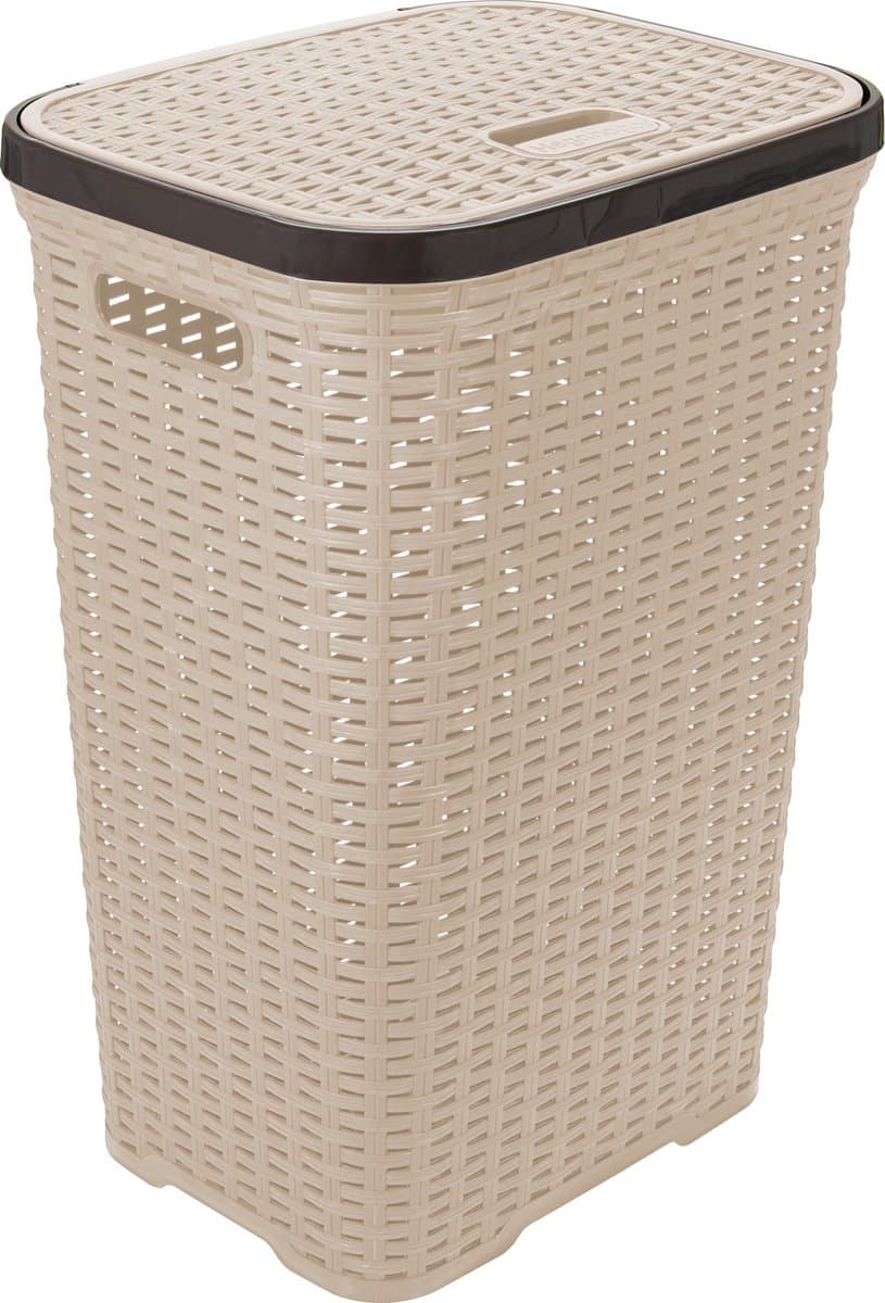 Hega Hogar Wasmand met deksel Rotan - beige - gevlochten kunststof - 60 liter - 34 x 43 x 62 cm — afbeelding 1