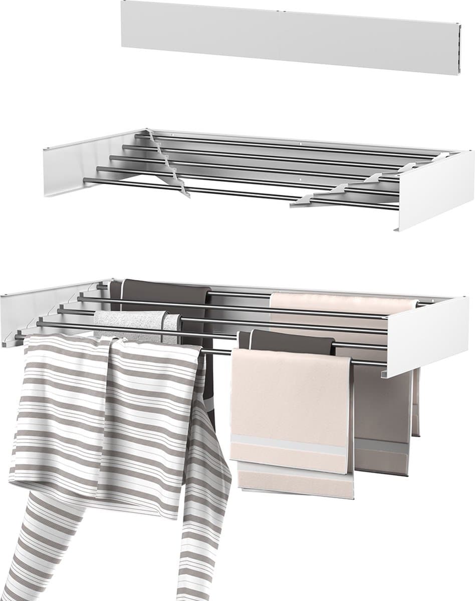 Wasophoogte® Wanddroogrek - Wasrek inklapbaar - Wasrek Hangend - Droogrek inklapbaar - 80cm - 4m drooglengte - Wit - inclusief boormal — afbeelding 1
