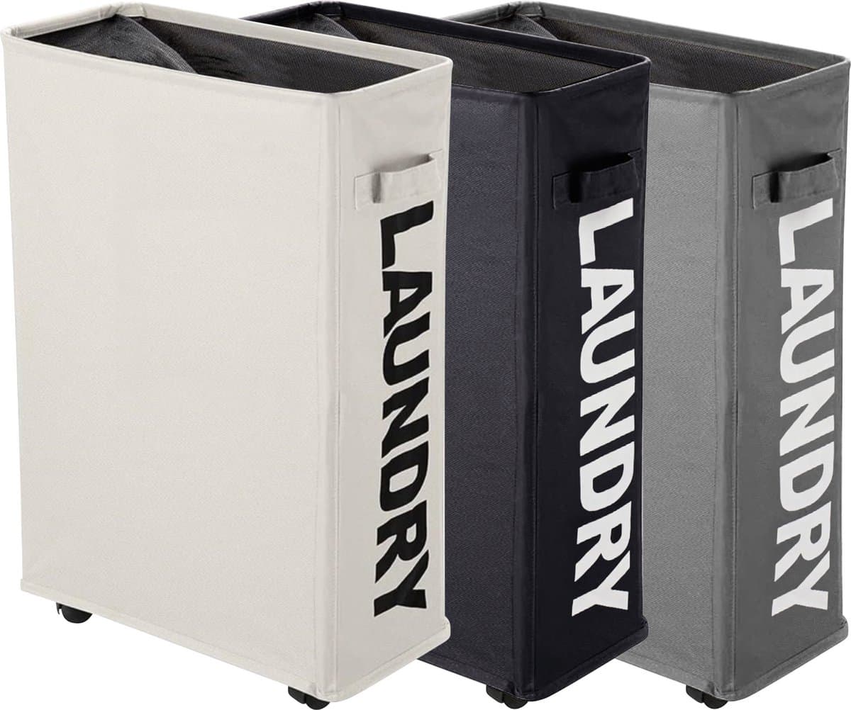 W&Z® Wasmanden met deksel op wielen - Wassorteerder- wasmand 3 vakken - Opvouwbaar - 3 x 42L - Zwart Grijs Beige — afbeelding 1
