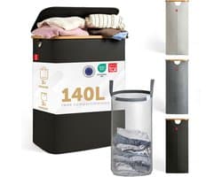 Blumtal Wasmand 140L - Wasmand met 2 uitneembare waszakkken - Wasmand met 2 vakken - Smalle wasmand - Flesverzamelaar - Wasmand met deksel - Zwart