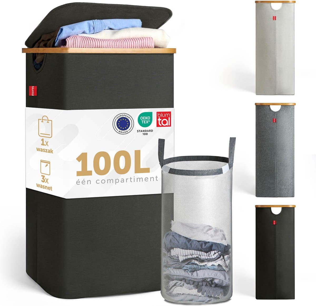 Blumtal Wasmand 100L - Wasmand met uitneembare waszak - Smalle wasmand - Flesverzamelaar - Wasmand met deksel - Zwart — afbeelding 1