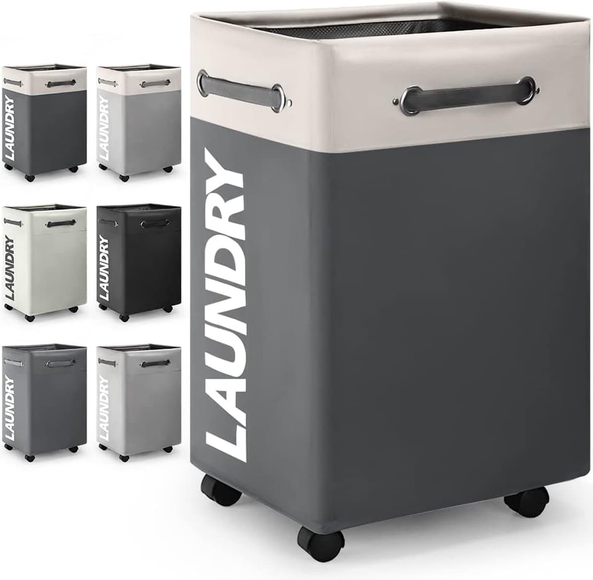 Opvouwbare wasmanden met wiel, 74 liter, large opvouwbare wasmanden, right-height, waterproof, opvouwbare wasmanden met wiel, praktische wasman (wit + donkergrijs o2) — afbeelding 1