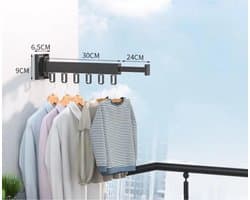 Wanddroogrek Inklapbaar 6 Haken - Droogrek Muur Wandmontage Ophangbaar - Clothes Rack Uitschuifbaar + Montage Kit - Zwart