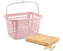 Wasknijpers ophangmandje met haak - roze - gevuld met 120x houten wasknijpers 7 cm - was ophangen
