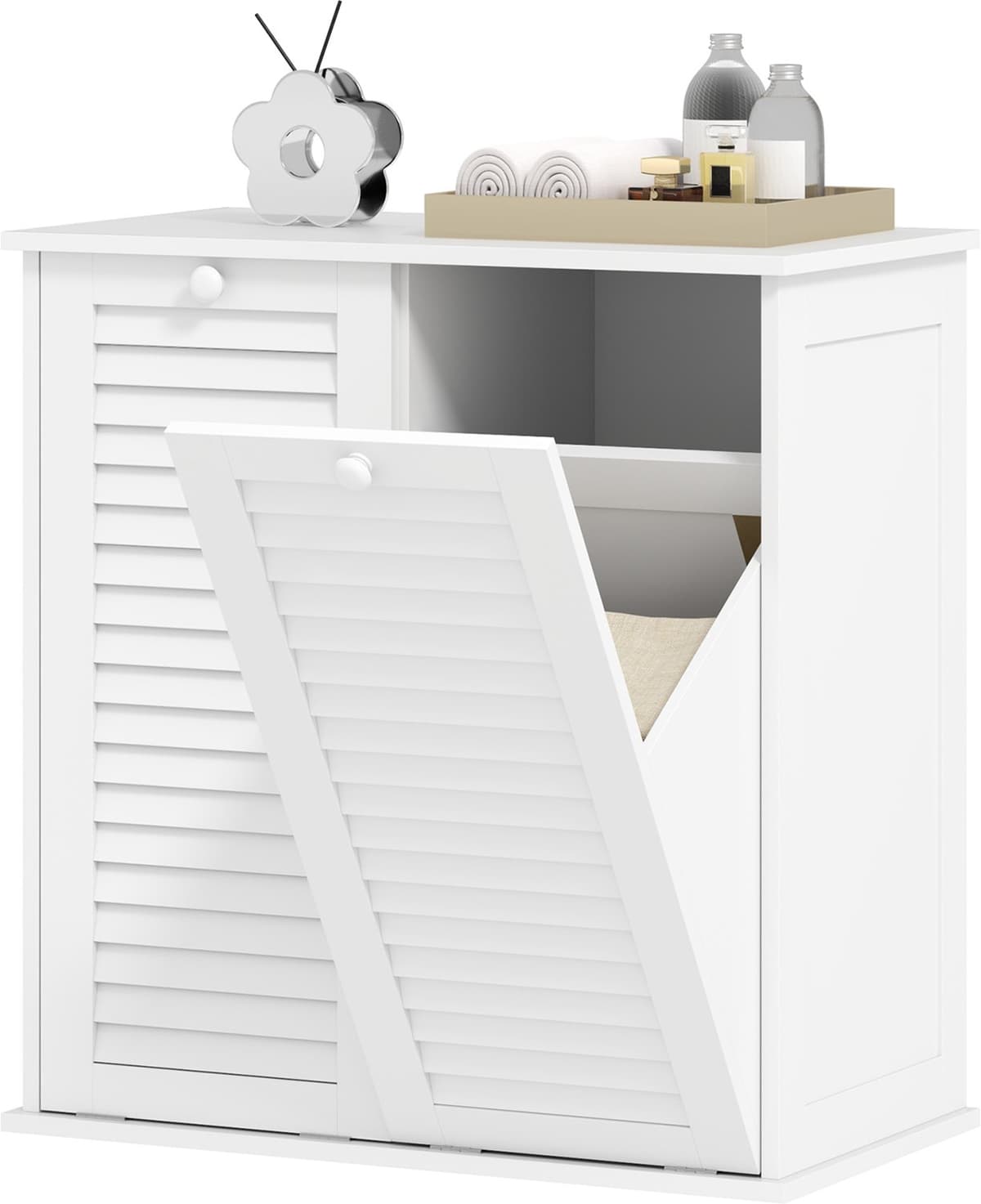 Waskast met 2 Kiepbakken voor Wasgoed - 2 Lamellendeuren - 70 x 38 x 73 cm - Wit — afbeelding 1