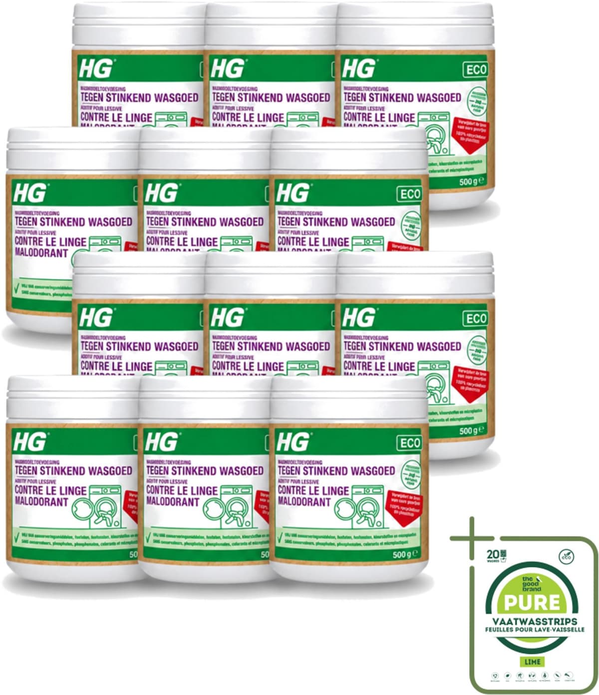 12 x HG ECO - Wasmiddeltoevoeging Tegen Stinkend Wasgoed - Effectieve Formule - 16 Wasbeurten - 500 g - Grootverpakking - Vaatwasstrips - Wasmiddel - Stankmoleculen - Wasgoed - Wasmiddeltoevoeging - Stinkend Wasgoed — afbeelding 1