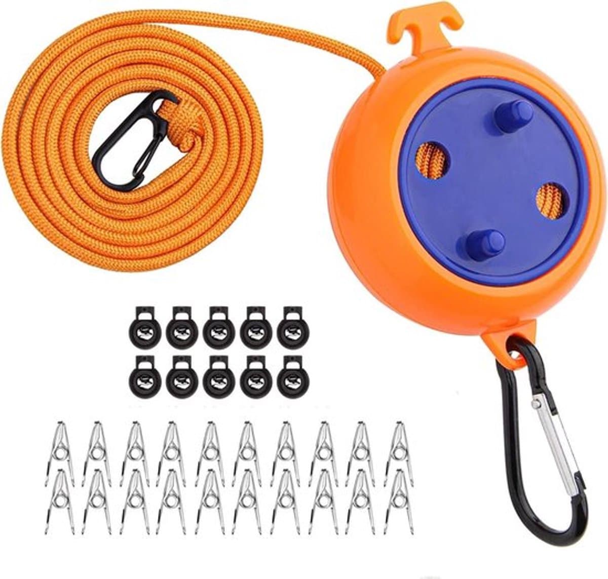 Uitrekbare 10 m waslijn, draagbaar voor reizen en kamperen, met 10 vaste gesp en 20 wasknijpers (zwart) — afbeelding 1