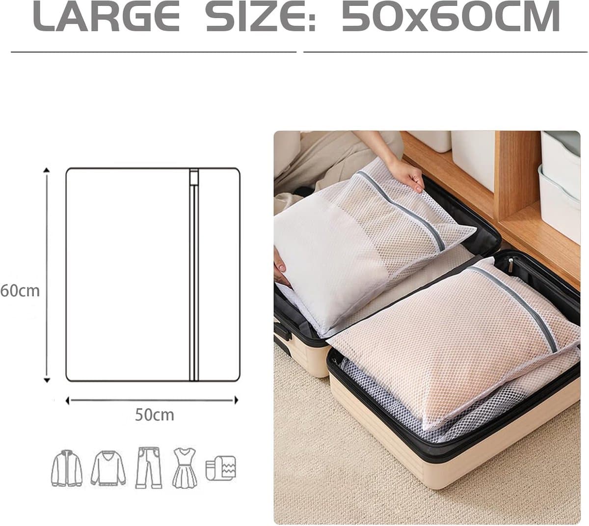 Set of 2 Washing Nets for Washing Machine, Durable Laundry Bags with Zip, Travel Laundry Net (50 x 60 cm) - ShopVlot — afbeelding 1