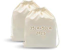 SnelShoppen - 2 stuks stoffen zakken met trekkoord - Beige katoenen-canvas opbergtassen met handgrepen - Herbruikbare waszakken voor sporttas, wasmand
