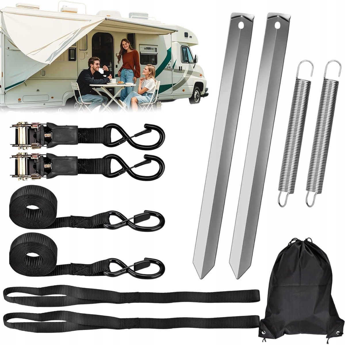 Grondanker Set - Luifelaccessoires - Versterkte grondpennen - Winddichting & Versteviging Set - Gegalvaniseerd Staal - Schokdempers - Ratelbanden - 11-Delig - Voor Carport, Camping & Buiten — afbeelding 1