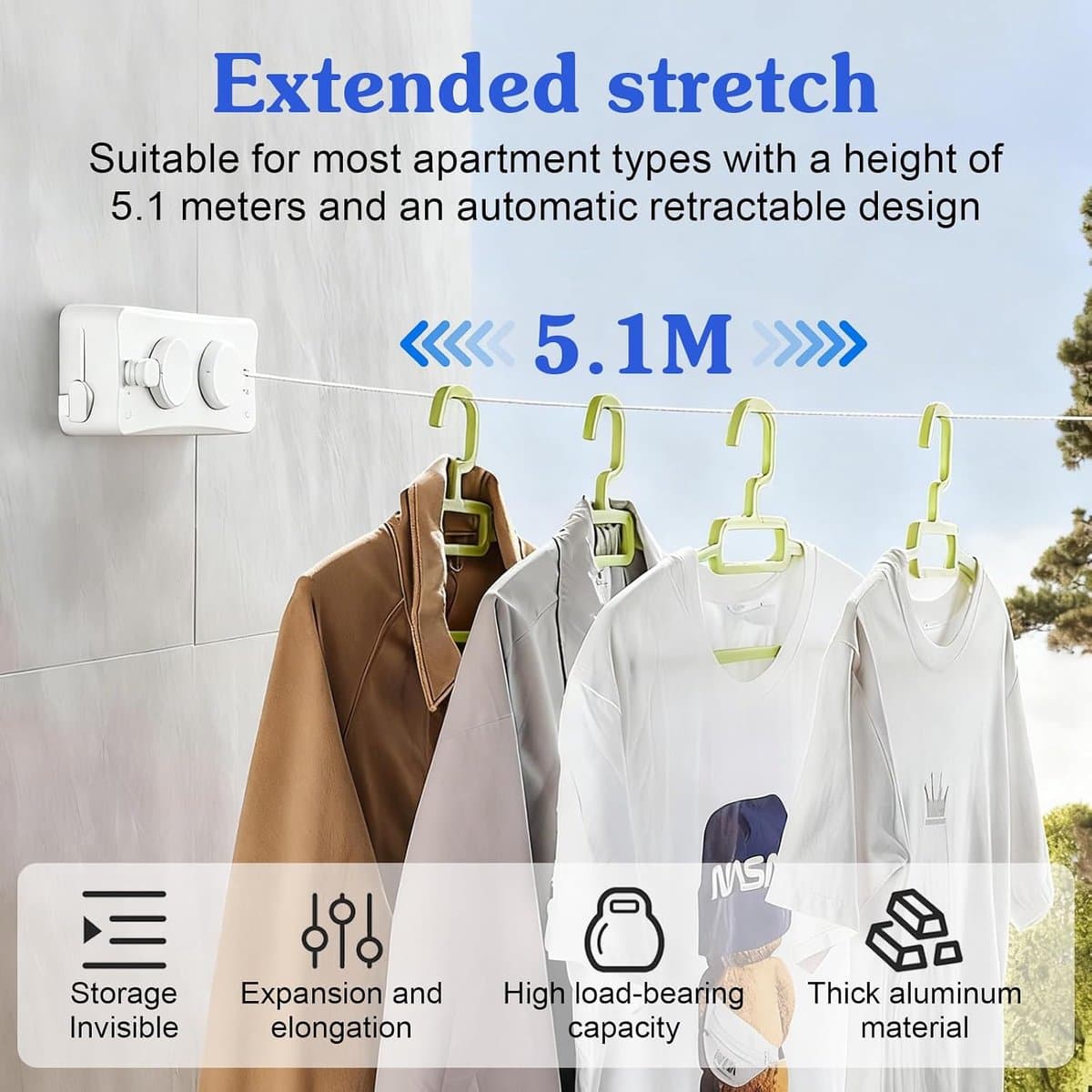 Retractable clothesline 5.1m - RVS dubbel touw - verstelbare spanknop - ideaal voor binnen en buiten - ShopVlot — afbeelding 1