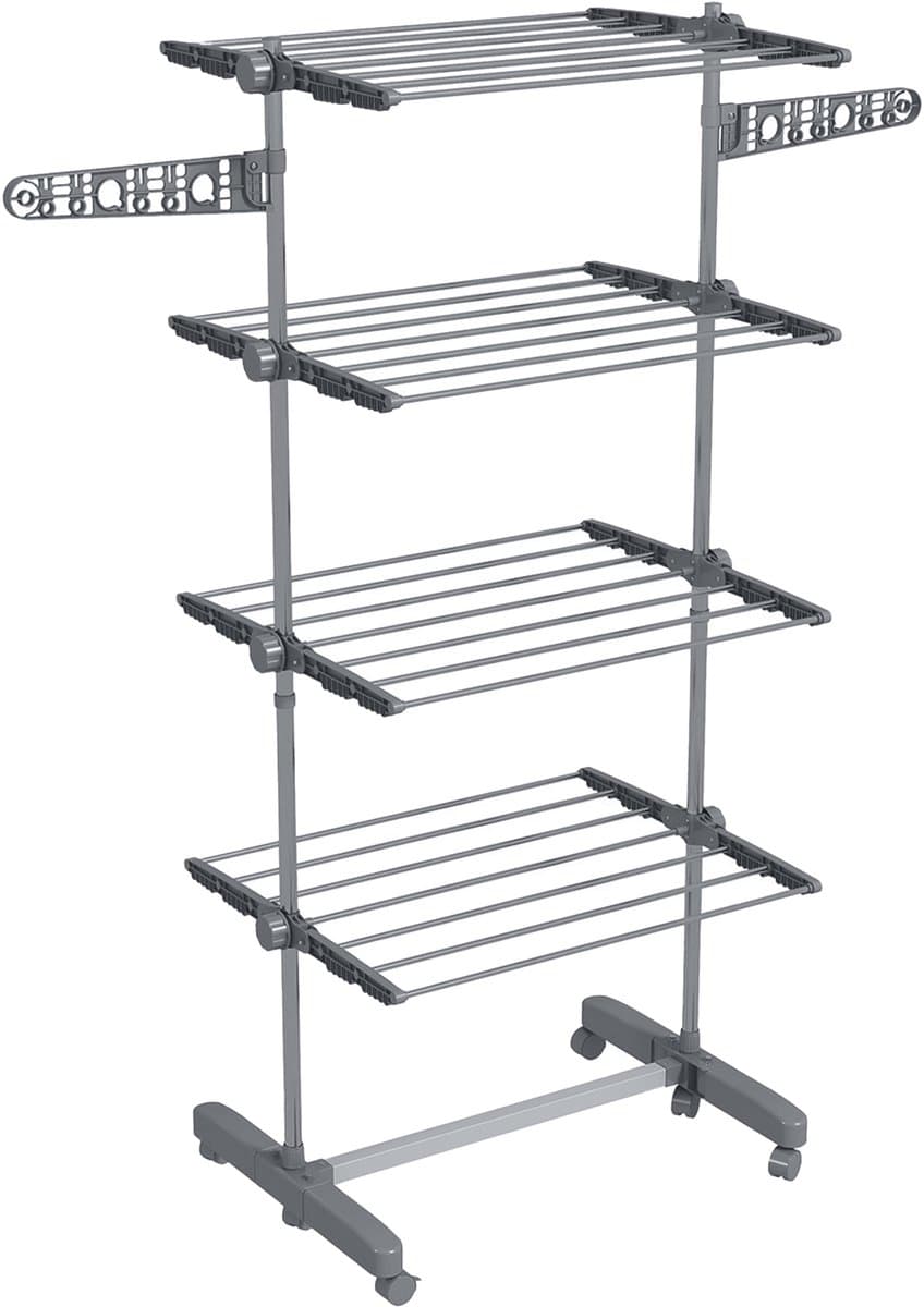 Grijze Wastoren 142 x 55 x 172 cm, Wasrek met 5 Niveaus, Opvouwbaar Droogrek met 6 Wielen, Inklapbaar Wasdroogrek, Verstelbare Etages, Sokkenhouders, Kledingrek voor Wasgoed, Badkamer en Balkon — afbeelding 1