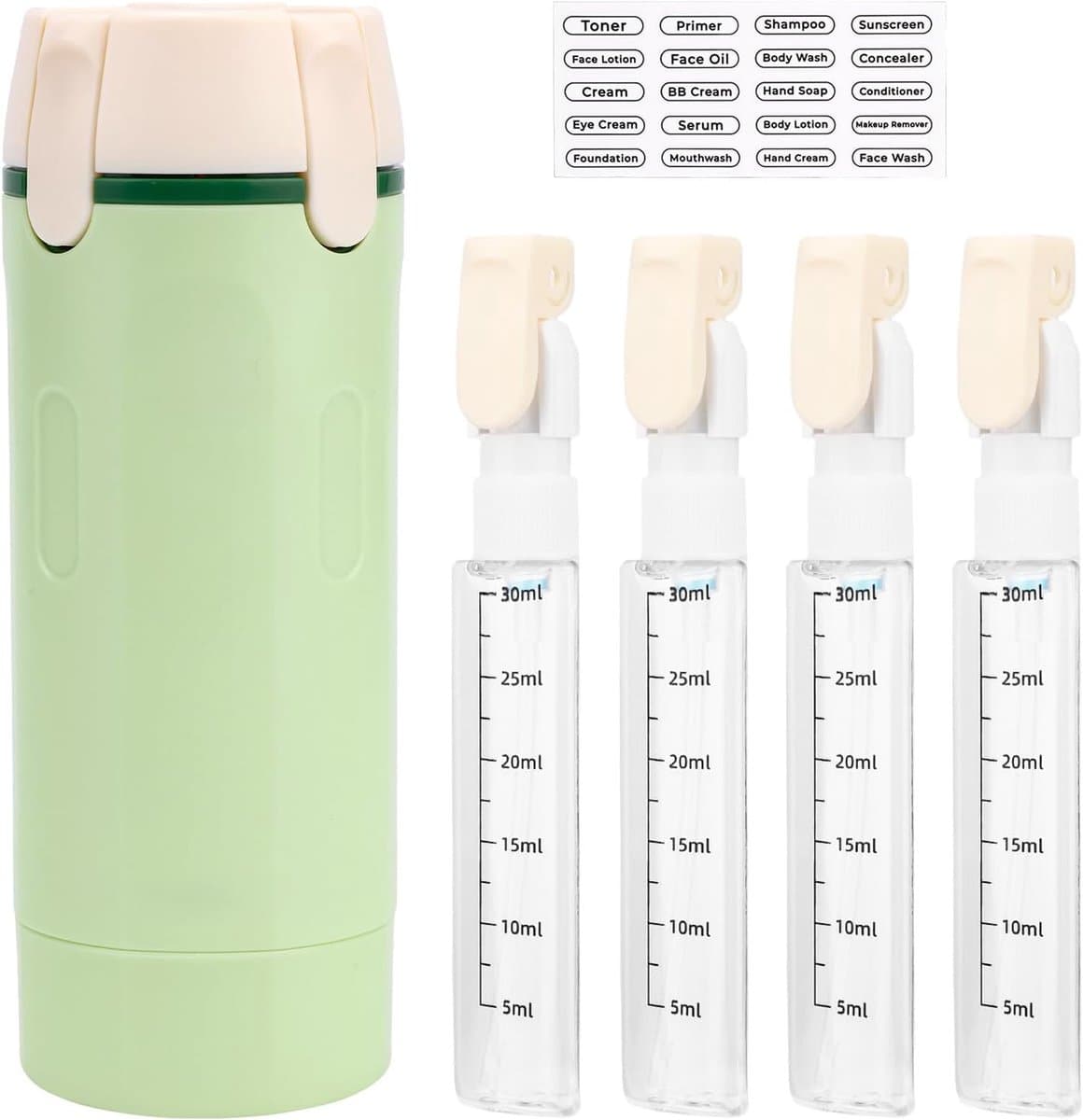 4 in 1 Reis Doseerfles, Lekvrij Herbruikbare Reisflesjes voor Shampoo Lotion Conditioner & Crème Draagbare Toilethouder voor Vakantie & Zakenreis met Etiket (Groen) — afbeelding 1