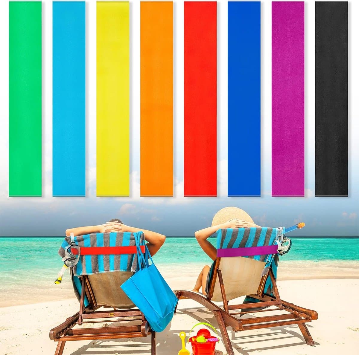 8 stuks handdoekbanden voor strandstoelen, cruise handdoekclips voor lounge, strand, zwembadstoelen, handdoekriemhouder, elastische winddichte strandaccessoires voor de zomer (effen, 29 x 4,97 cm) — afbeelding 1