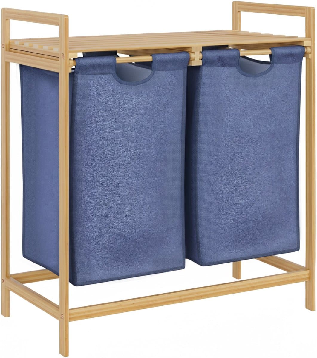 CLP Wasmand met deksel - 2 Vakken Sussina - Hout - met Plank - Bamboe Frame - voor Badkamer - natura — afbeelding 1