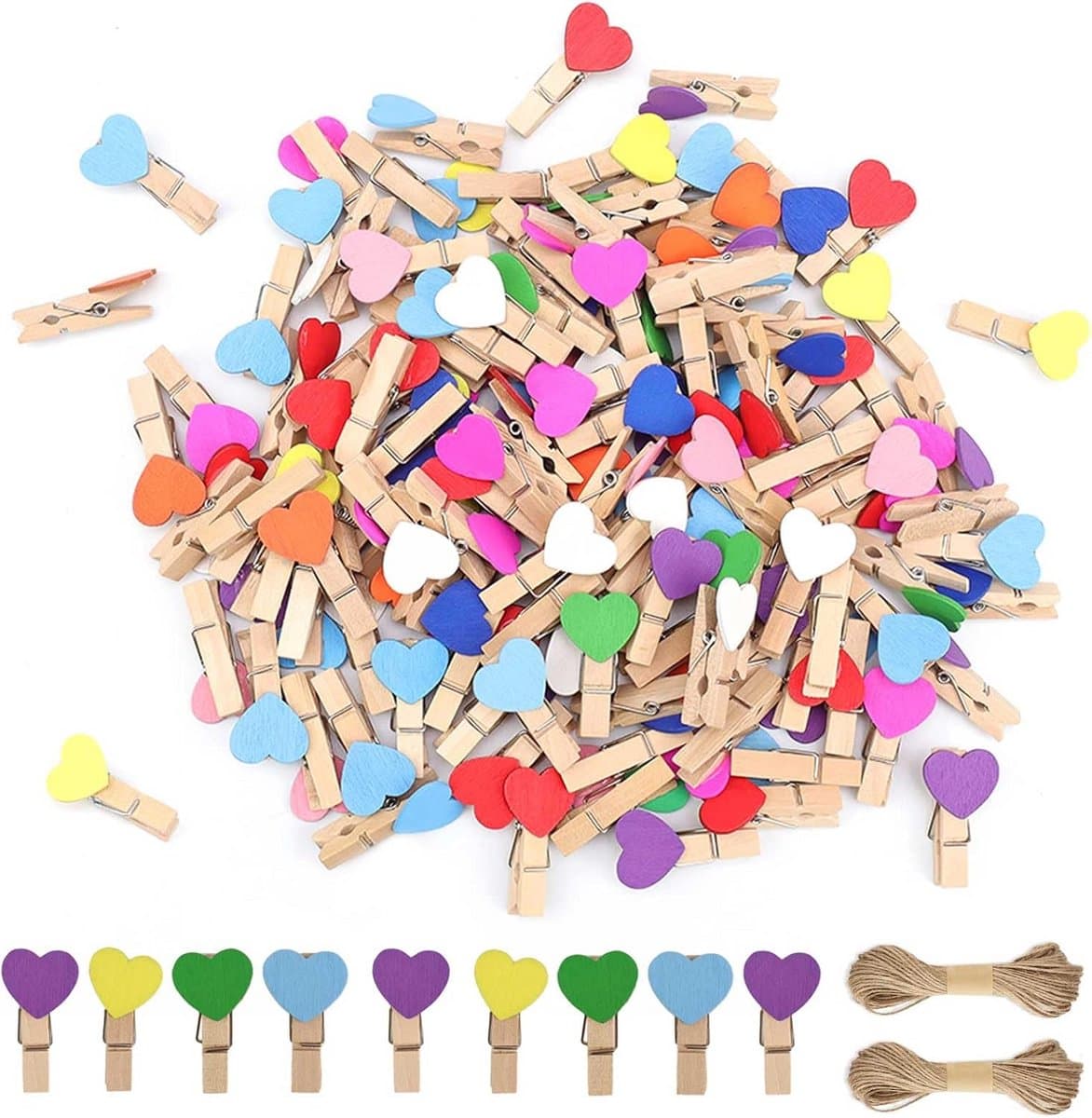 130x Kleine Houten Wasknijpers Hartjes - Decoratieve Fotoklemmen met Touw — afbeelding 1