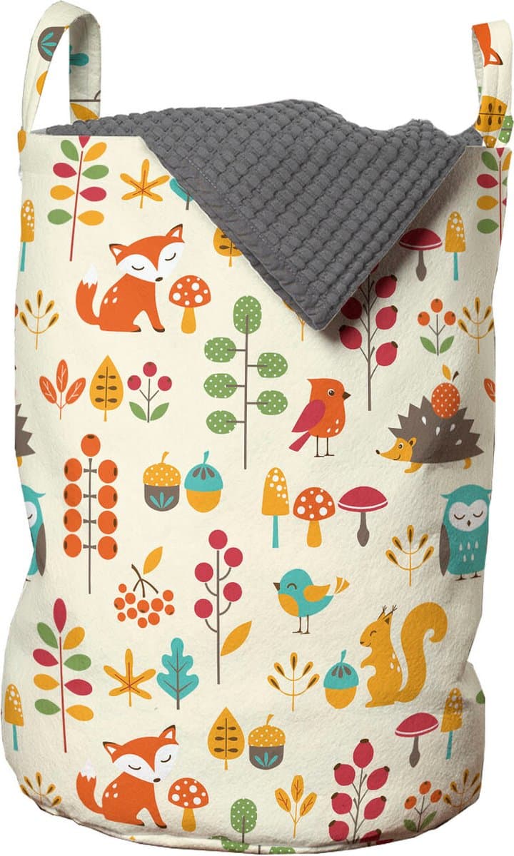 New Bed, Wasmand Kinderen Cartoon Uil Vos Eekhoorn Vogels, Opbergmand Kinderkamer met Herfst Bosdieren Patroon met Handvatten en Koordsluiting, Speelgoedmand kinderen - Speelgoedkist - Wasbox - 33 x 48 cm — afbeelding 1