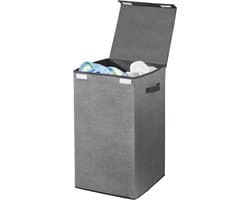 Ademende Polypropyleen Wasmand - Ontwerp Wasmand voor Wasruimte, Badkamer of Slaapkamer - Opvouwbare Wasmand met Jute Look, Deksel en Handvat - Grijs met Zwarte Rand