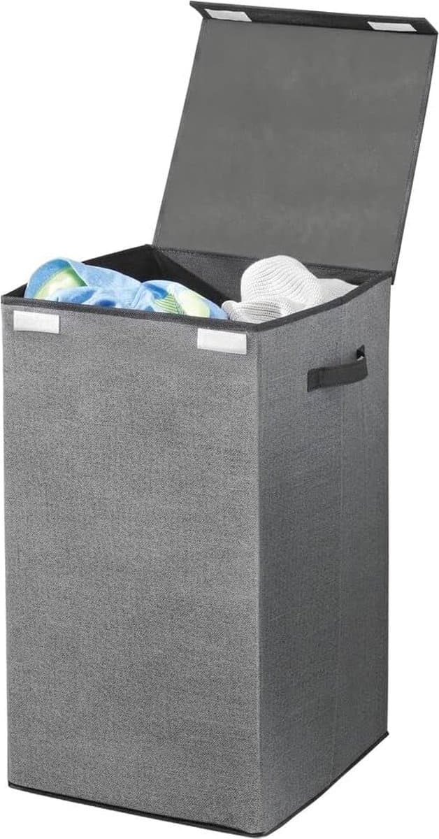 Ademende Polypropyleen Wasmand - Ontwerp Wasmand voor Wasruimte, Badkamer of Slaapkamer - Opvouwbare Wasmand met Jute Look, Deksel en Handvat - Grijs met Zwarte Rand — afbeelding 1