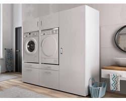 MOBISTOXX Wasmachine Kast - Set van 3 - Wasmachine Verhoger - Wasmachine Ombouw - 201 cm x 67 cm x 189 cm (B x D x H) - Met Lade Voor Wasmand - Voor Wasmachine en Droogkast - Extra Kastruimte - Wit