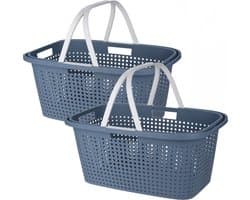 Wasmand met hengsel - 2x stuks - 38 liter - 60 cm - blauw/wit - Draagwasmanden - Wasgoedmand - Mand met handvatten