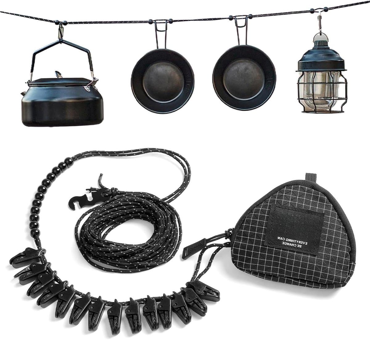 Kledinglijn Buitenshuis - Droogtouw Met Clips - Kleding Drogen - Reflecterende Veiligheid - 1 Meter - Zwart — afbeelding 1