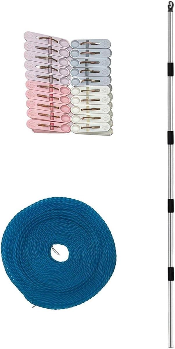 Waslijn Stand - Droogrek Buiten - Buiten Kleding Drogen - Hoogte Verstelbaar - 10m Touw 20 Clips - Zilver — afbeelding 1