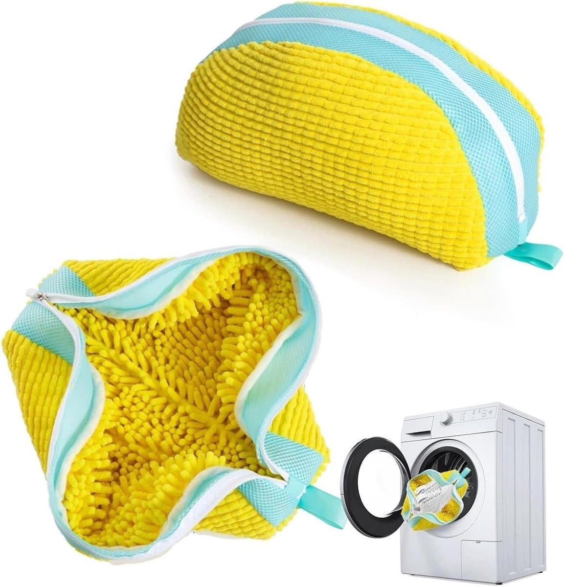 Set van 2 Waszakken voor Schoenen, Geschikt voor Wasmachine, Dubbele Rits en Vakken, 360° Reiniging, Herbruikbare Waszak voor Diverse Schoenen en Maten, Geel — afbeelding 1