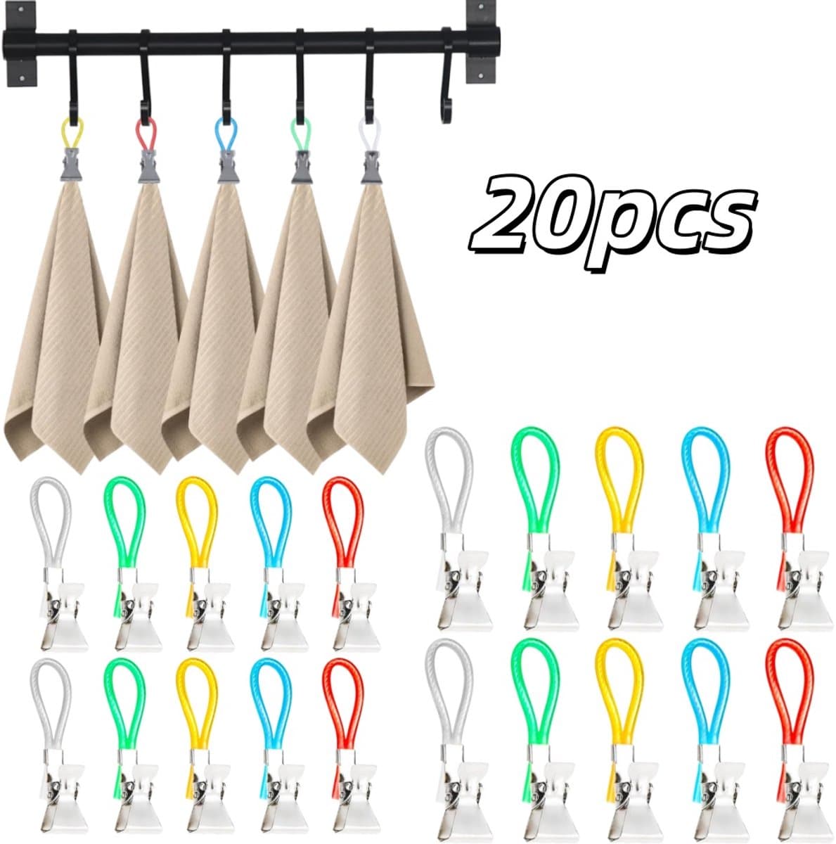 20 stuks metalen handdoekclips - gekleurd plastic touw - badkamerclips - keukenclips - met ophangringen -15*20*50mm- geschikt voor gebruik in badkamers, keukens, kamers, enz. - geel, rood, blauw, groen, wit — afbeelding 1