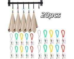 20 stuks metalen handdoekclips - gekleurd plastic touw - badkamerclips - keukenclips - met ophangringen -15*20*50mm- geschikt voor gebruik in badkamers, keukens, kamers, enz. - geel, rood, blauw, groen, wit