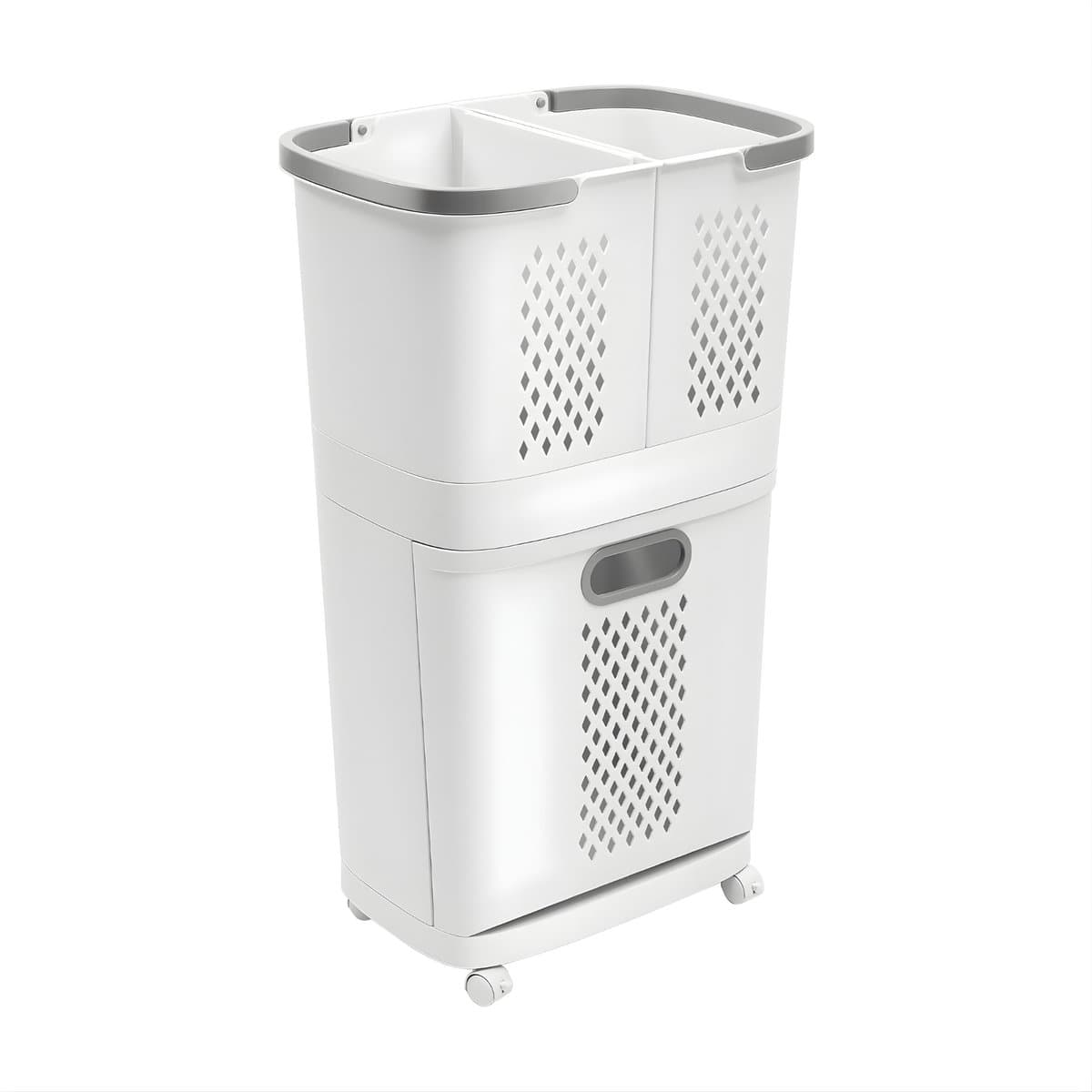 2-Laags Wasmand met Wielen – Multifunctionele Laundry Sorter met Uitneembare Wasmand – Badkamer Opberg Organizer – Grijs/Wit — afbeelding 1
