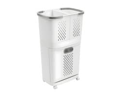 2-Laags Wasmand met Wielen – Multifunctionele Laundry Sorter met Uitneembare Wasmand – Badkamer Opberg Organizer – Grijs/Wit — afbeelding 1