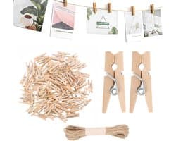 Mini Wasknijpers Set - Houten Clips Touw - Foto Decoratie DIY - Natuurlijk Hout Jute - 100 Stuks 30MM - Natuurlijk
