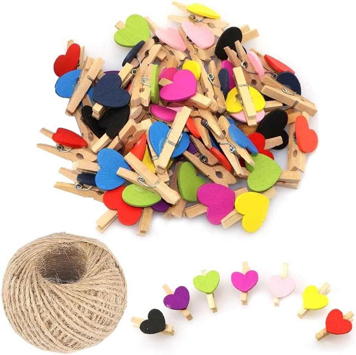 Houten Hart Wasknijpers - Mini Clips - Foto's Ophangen - Mix Kleuren - 100 Stuks - Multicolor — afbeelding 1
