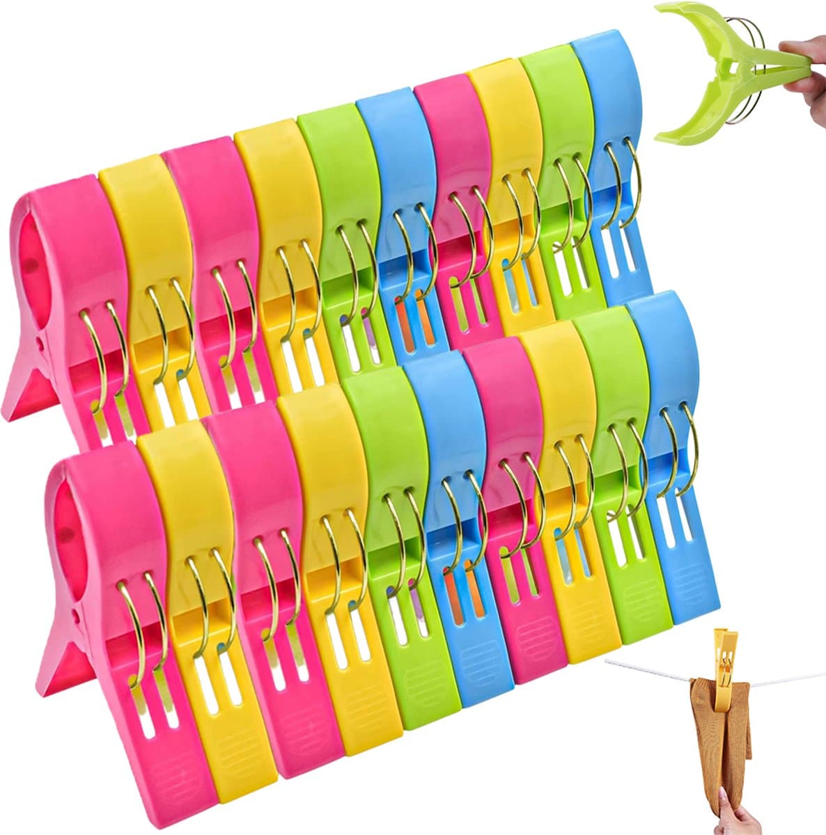 20 stuks Strandhanddoekclips - Wasknijpers - handdoeken/badlakens knijpers - Grote knijpers - Grote plastic badlaken knijpers -Kledingknijpers - Houd je Handdoek tegen de Wind - Meerkleurig -Geschikt voor gebruik op het strand op de camping en thuis — afbeelding 1