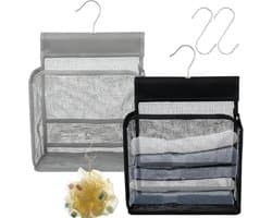 Wasknijperzak set - Knijperhouder mandje - Wasknijpers opbergen - Met ophangoog - 20 x 24 cm - Grijs en wit