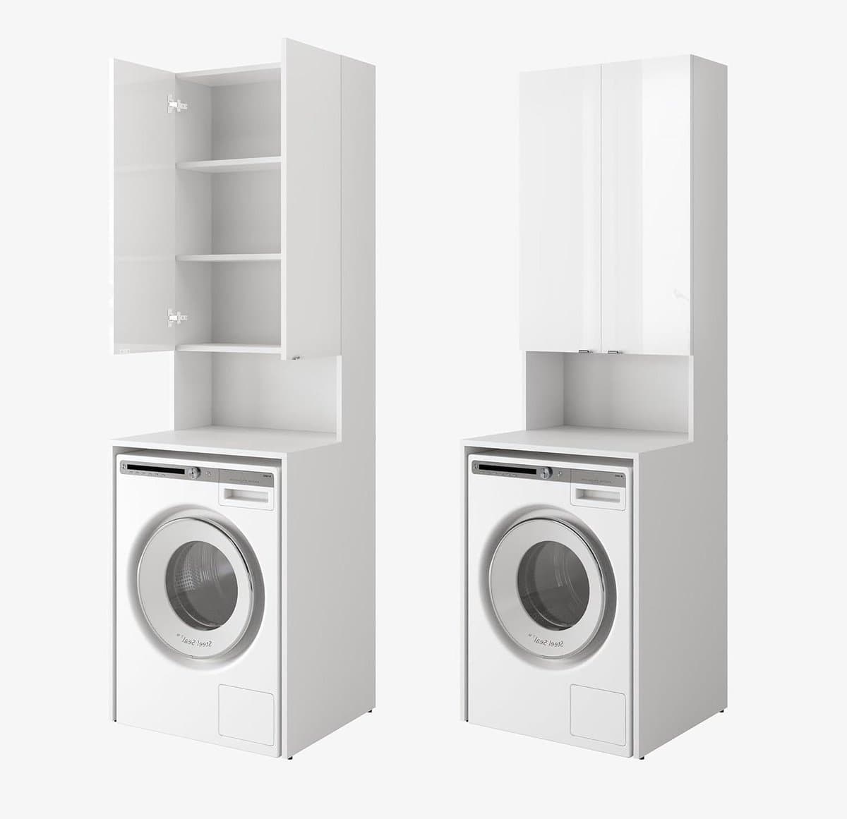 PLATAN ROOM Wasmachinekast, badkamer, hoge kast, bovenbouwkast voor wasmachine en wasdroger, 210 x 65 x 50/56 cm, wit (mat wit/wit hoogglans, 56 cm diep) — afbeelding 1