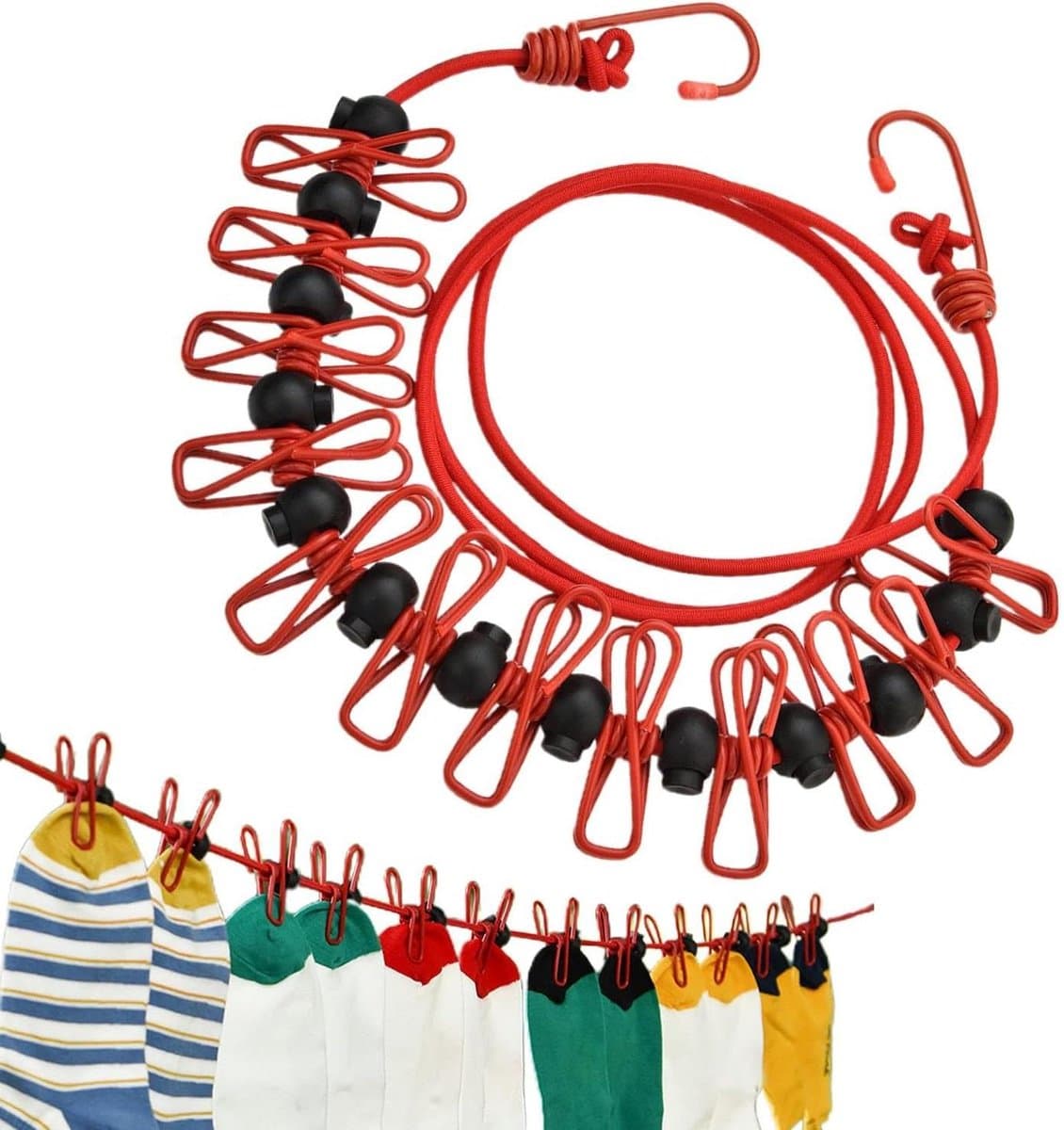 Waslijn met Clips - Drooglijn Outdoor - Kleding Drogen - Winddicht Antislip - Tot 3.7 Meter - Rood — afbeelding 1