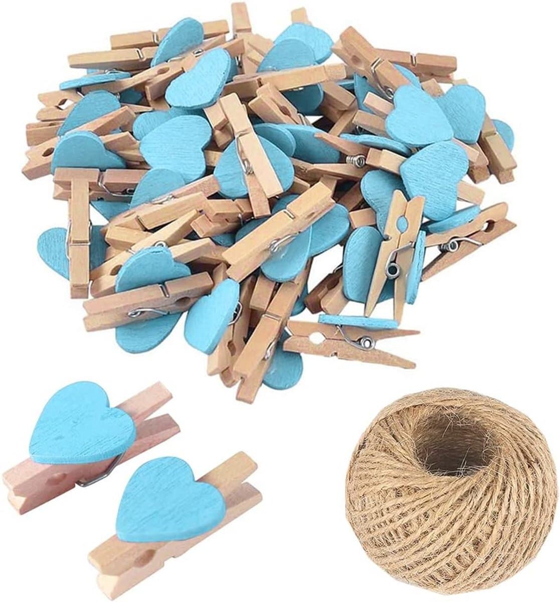 25 Stuks Lichtblauwe Mini Houten Hartje Wasknijpers, Multicolore Kleine Wasknijpers met Hart, 3cm Hart Fotoknijpers, Kleine Wasknijpers met Koord voor Foto's Display, DIY Handwerk, Bruiloft en Baby Shower Decor — afbeelding 1
