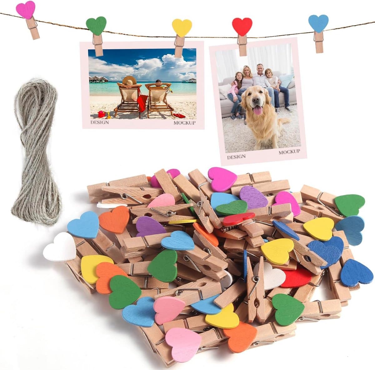 120 Houten Knijpers met 50 Meter Ophangtouw – Kleine Waslijnklemmen voor Foto's en Decoratie — afbeelding 1