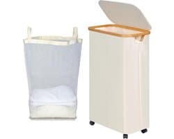 75 Litre Foldable Laundry Basket with Lid - Beige Slim Basket with Wheels, Bamboo Handles and Removable Bag for Bedroom, Bathroom, Kitchen