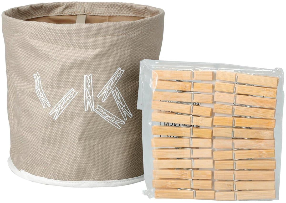 Ultra Clean Wasknijpers ophang mandje inclusief 24x knijpers - D18 cm - beige - kunststof - met ophanghaak — afbeelding 1