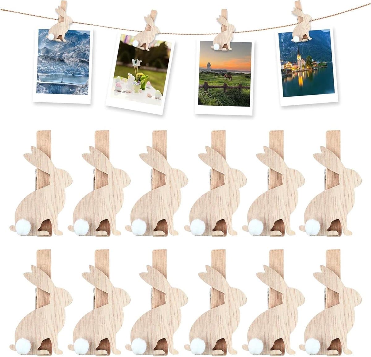 Houten knijpers - Hazenclips decoratief - Foto's ophangen - Uniek konijnenontwerp - 12 stuks - Houtkleur — afbeelding 1