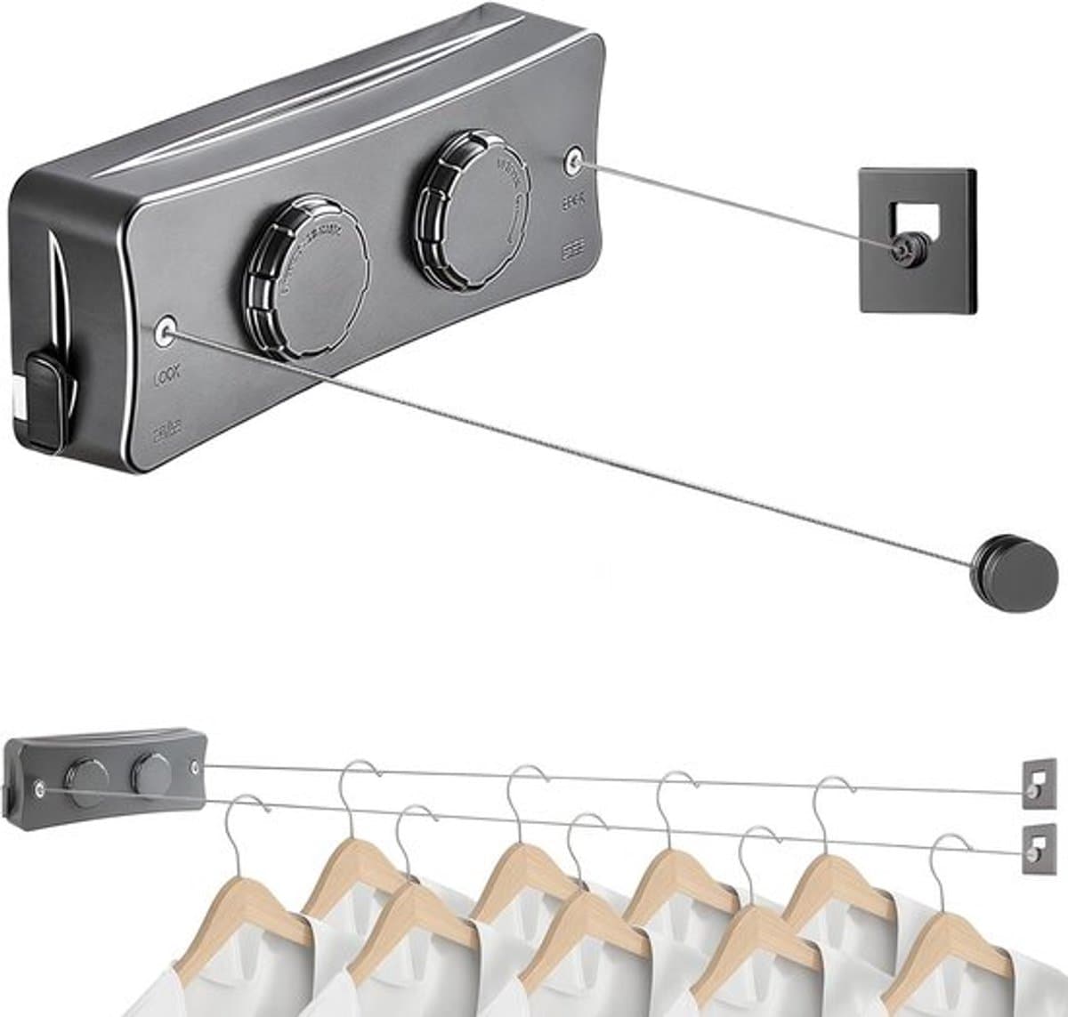Uittrekbare waslijn, 2 x 5,1 m roestvrijstalen touwen, uittrekbare waslijn aan de muur, waslijn, uittrekbare muur voor balkon, wasruimte, hotel, badkamer, slaapkamer (twee lijnen grijs) — afbeelding 1