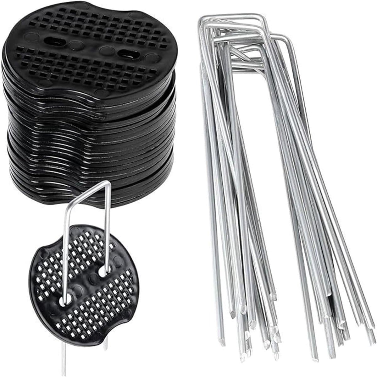 Stevige grondankers met herbruikbare U-vormige pennen, 50 stuks met 50 bufferdiscs, ideaal voor tuin en stabiliteit, roestbestendig en perfect voor onkruidbestrijding, 15 x 4 cm, diameter 2.5 mm — afbeelding 1
