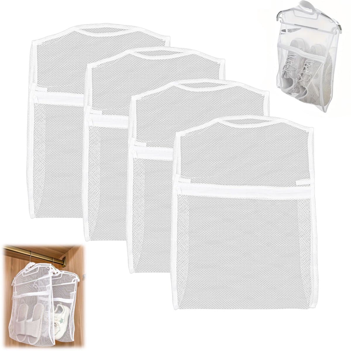 4 stuks - Droognet - Hangend droogrek - Schoenopbergnet - Droogmand voor kleding - wit gaas met ritssluiting - 50x36x8,5cm - voor drogen en opbergen van schoenen sokken - Hangertje niet inbegrepen — afbeelding 1