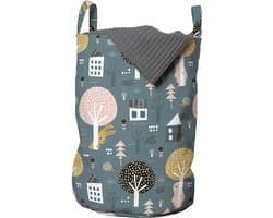 New Bed, Wasmand Bosprint met Huisjes, Scandinavische Stijl Opbergmand Kinderkamer met Handvatten en Koordsluiting, Speelgoedmand kinderen - Speelgoedkist - Wasbox - 33 x 48 cm