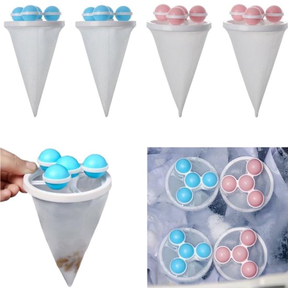 4 stuks - Wasmachine filterzakken - Wasmachine pluizenfilterzak - Drijvende wasmachinefilterzak - Pluizenverzamelaar voor wasmachines - Herbruikbaar - Voorkomt verstopping van de wasmachineafvoer - Blauw, Roze — afbeelding 1