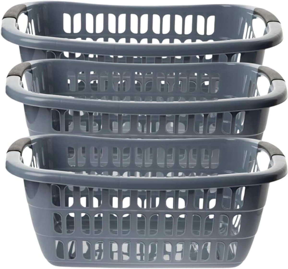 3-delige set, grote wasbak, grijs, 55 x 37 x 20 cm, 30 liter, wasmand, kunststof, made in EU, stapelbaar, met handgrepen, ventilatiegaten — afbeelding 1